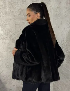 Черный норковый кроп - жакет с английским воротником