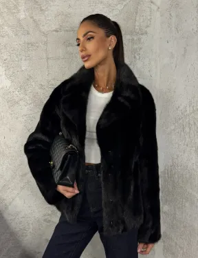 Черный норковый кроп - жакет с английским воротником