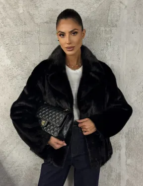 Черный норковый кроп - жакет с английским воротником