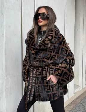 Шуба из плюшевой норки VELVET летучая мышь с черным принтом