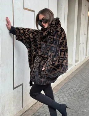 Шуба из плюшевой норки VELVET летучая мышь с черным принтом