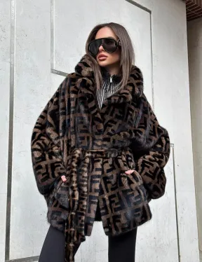 Шуба из плюшевой норки VELVET летучая мышь с черным принтом