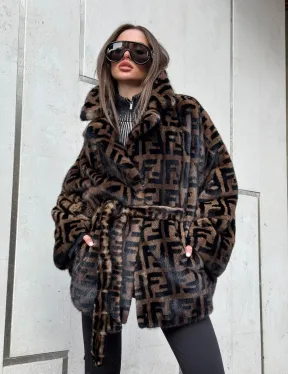 Шуба из плюшевой норки VELVET летучая мышь с черным принтом