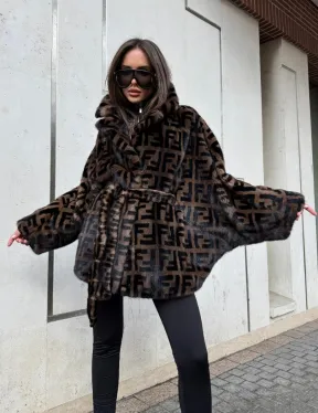 Шуба из плюшевой норки VELVET летучая мышь с черным принтом