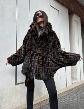 Шуба из плюшевой норки VELVET летучая мышь с черным принтом