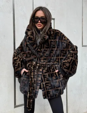 Шуба из плюшевой норки VELVET летучая мышь с черным принтом