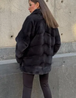 Полушубок норковый графит с английским воротником и манжетом