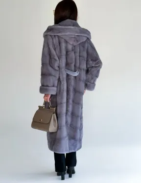 Удлиненная норковая шуба - кимоно с капюшоном