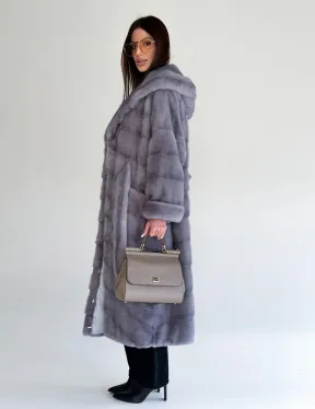 Удлиненная норковая шуба - кимоно с капюшоном