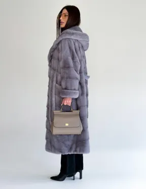 Удлиненная норковая шуба - кимоно с капюшоном