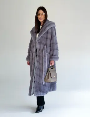 Удлиненная норковая шуба - кимоно с капюшоном