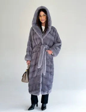 Удлиненная норковая шуба - кимоно с капюшоном