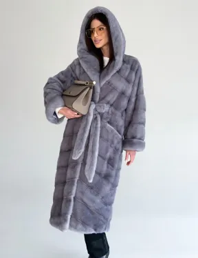 Удлиненная норковая шуба - кимоно с капюшоном