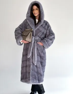 Удлиненная норковая шуба - кимоно с капюшоном