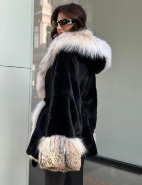 Черная норковая шуба PREMIUM COLLECTION с отделкой из меха канадской рыси