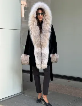 Черная норковая шуба PREMIUM COLLECTION с отделкой из меха канадской рыси