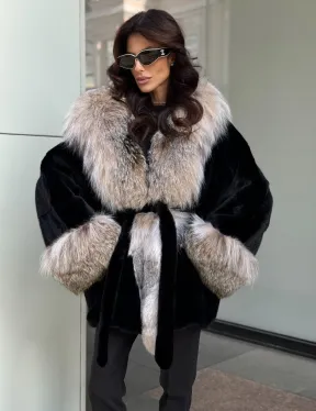 Черная норковая шуба PREMIUM COLLECTION с отделкой из меха канадской рыси