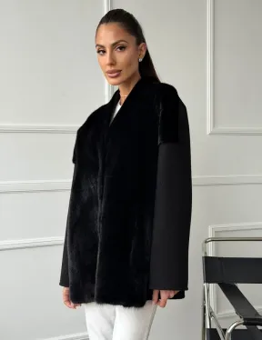 Полупальто демисезонное шерстяное с отделкой из меха норки