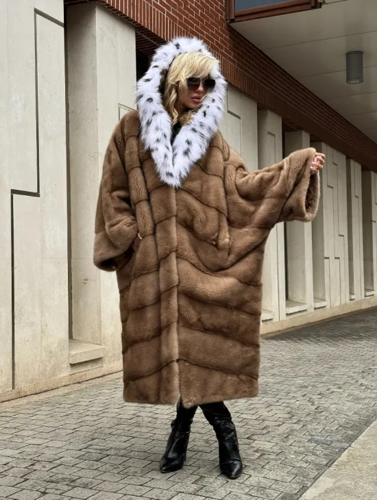 Норковая шуба больших размеров в стиле Бохо с капюшоном под рысь
