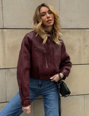Бомбер женский из натуральной плетеной кожи - Burgundy цвет