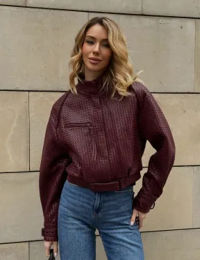 Бомбер женский из натуральной плетеной кожи - Burgundy цвет