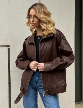 Коричневая кожаная курточка - бомбер на молнии