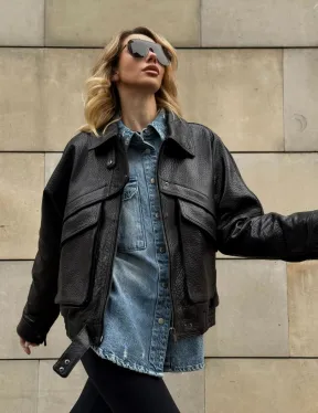 Трендовая куртка - бомбер oversize из натуральной кожи Joomba