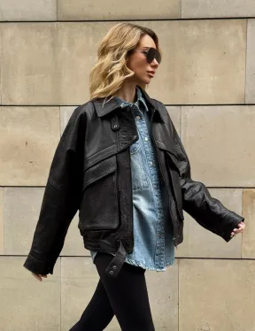 Трендовая куртка - бомбер oversize из натуральной кожи Joomba