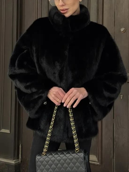 Норковый полушубок черного цвет стойка воротник