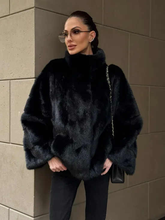 Норковый полушубок черного цвет стойка воротник