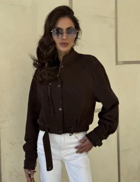 Кроп - бомбер из плетеной замшевой кожи в цвете шоколад