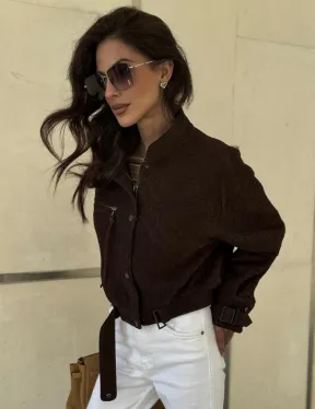 Кроп - бомбер из плетеной замшевой кожи в цвете шоколад