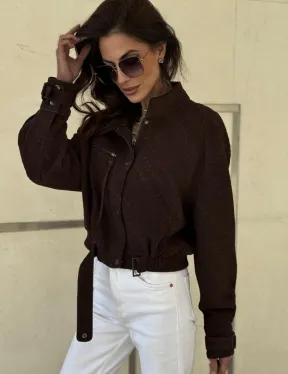 Кроп - бомбер из плетеной замшевой кожи в цвете шоколад