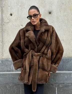 Шуба летучка из премиум меха норки - цвет соболь