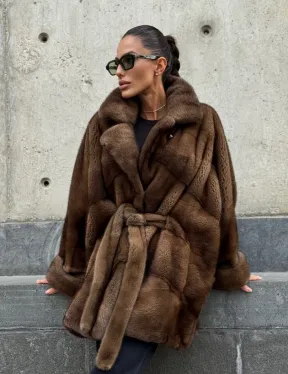 Шуба летучка из премиум меха норки - цвет соболь