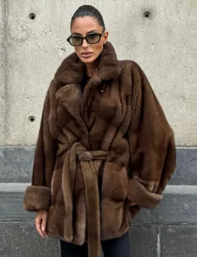 Шуба летучка из премиум меха норки - цвет соболь