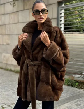 Шуба летучка из премиум меха норки - цвет соболь