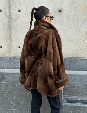 Шуба летучка из премиум меха норки - цвет соболь