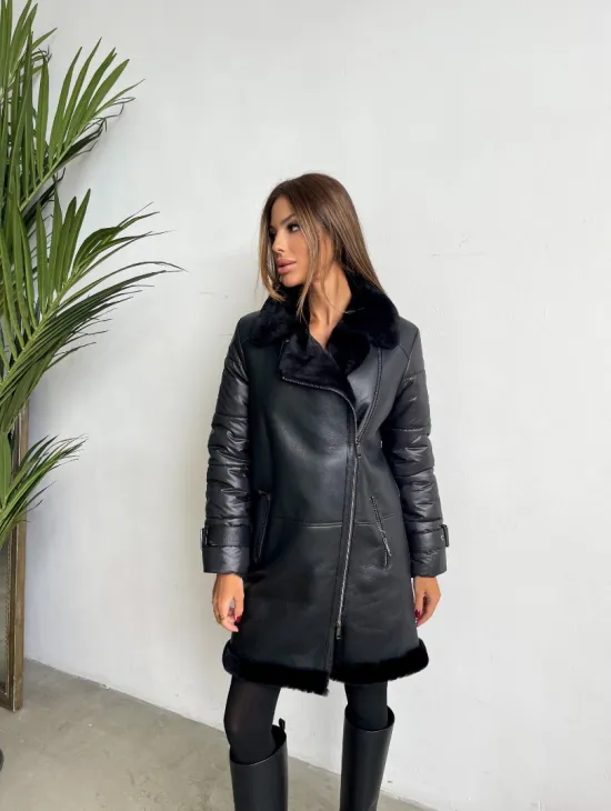 Удлиненная черная дубленка авиатор