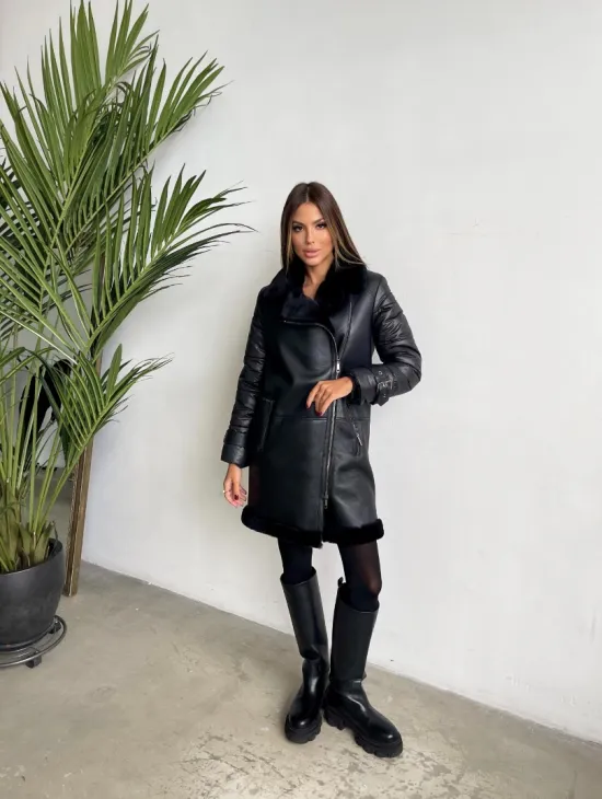 Удлиненная черная дубленка авиатор