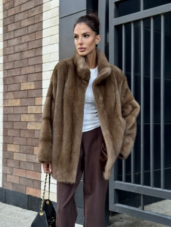 Шуба норковая пастель - стойка воротник