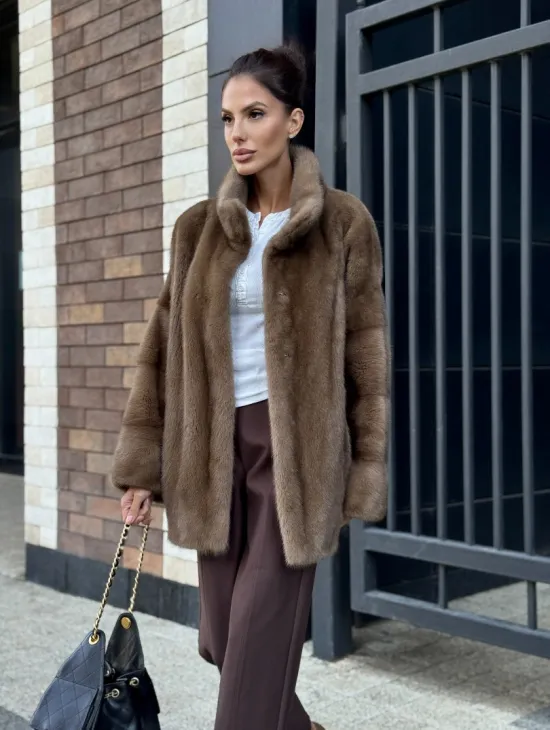 Шуба норковая пастель - стойка воротник