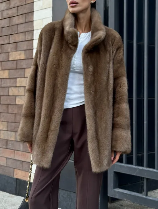 Шуба норковая пастель - стойка воротник