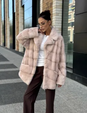 Шуба норковая пудрового цвета с английским воротником