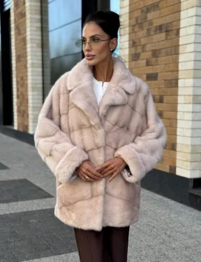 Шуба норковая пудрового цвета с английским воротником
