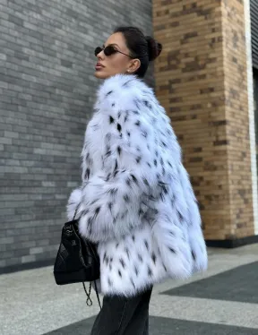 Шуба из меха белой аукционной лисы под рысь, ручная работа