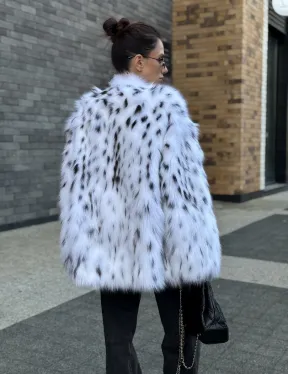 Шуба из меха белой аукционной лисы под рысь, ручная работа