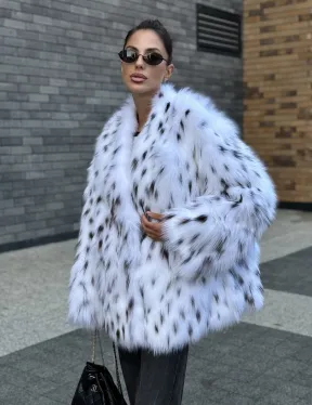 Шуба из меха белой аукционной лисы под рысь, ручная работа