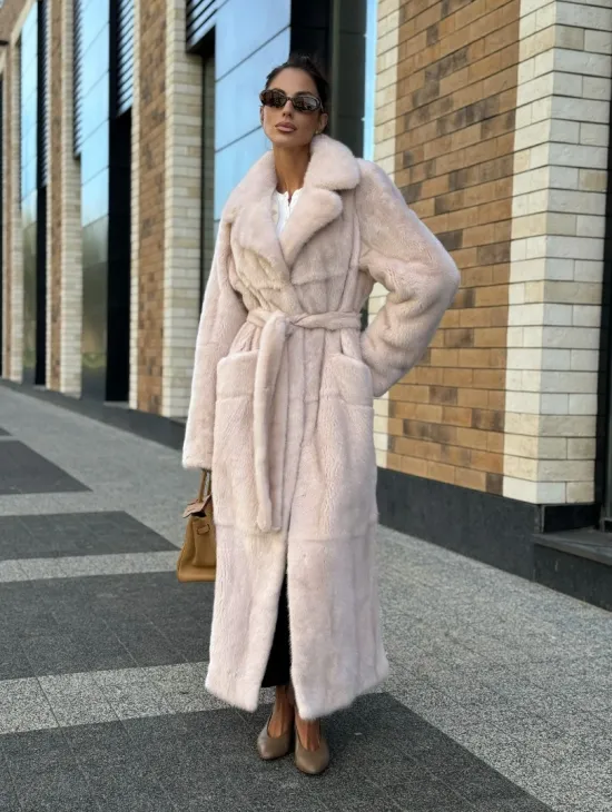 Шуба норковая - пальто с поясом, классика