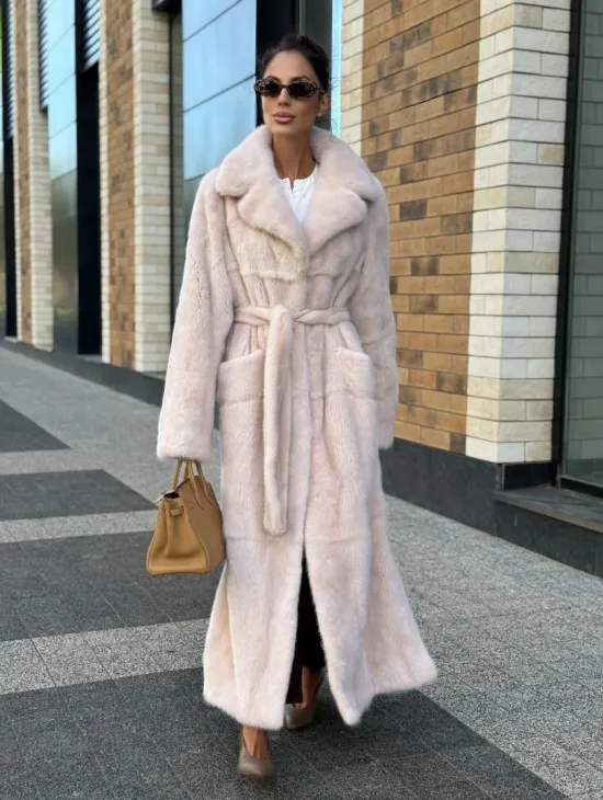 Шуба норковая - пальто с поясом, классика